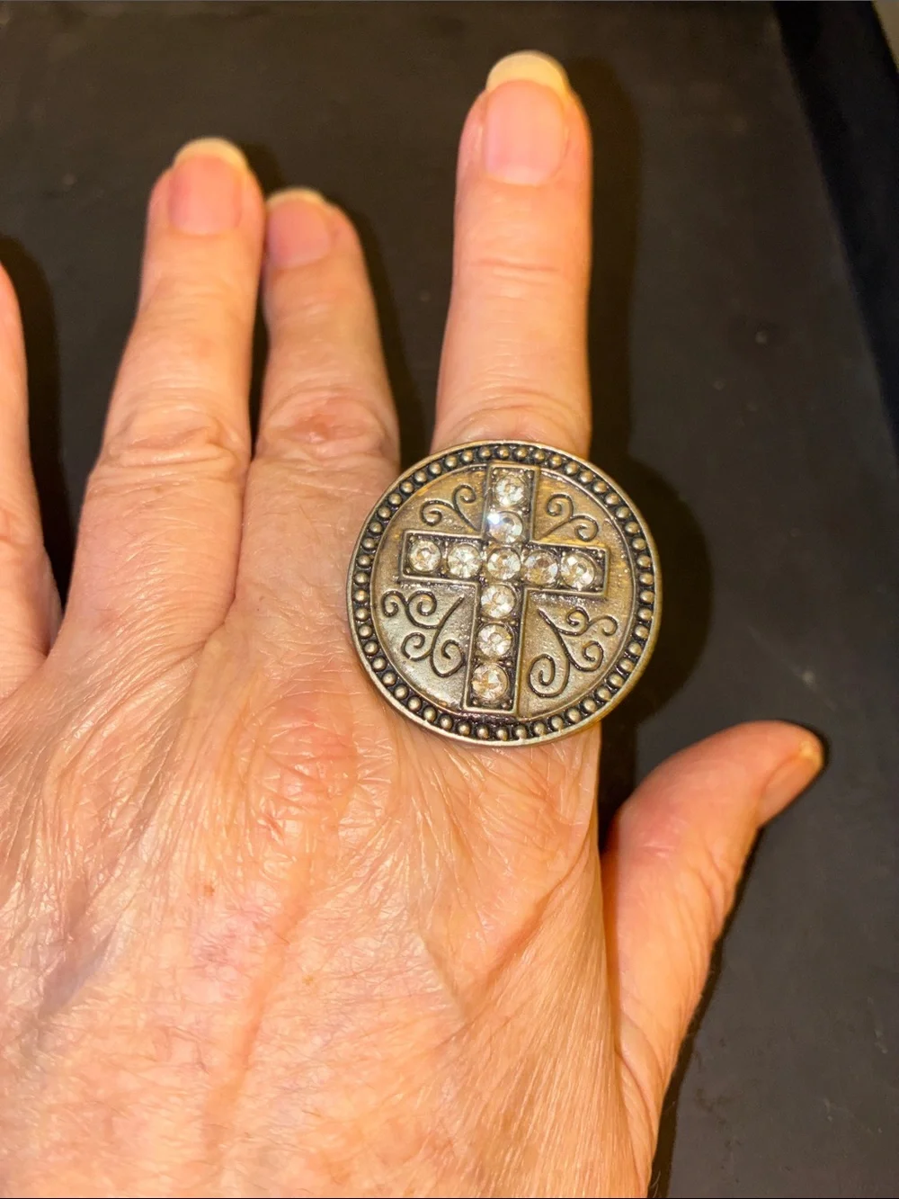 Vintage-Inspired Bronze Cross Accent Ring - Brown/Gold